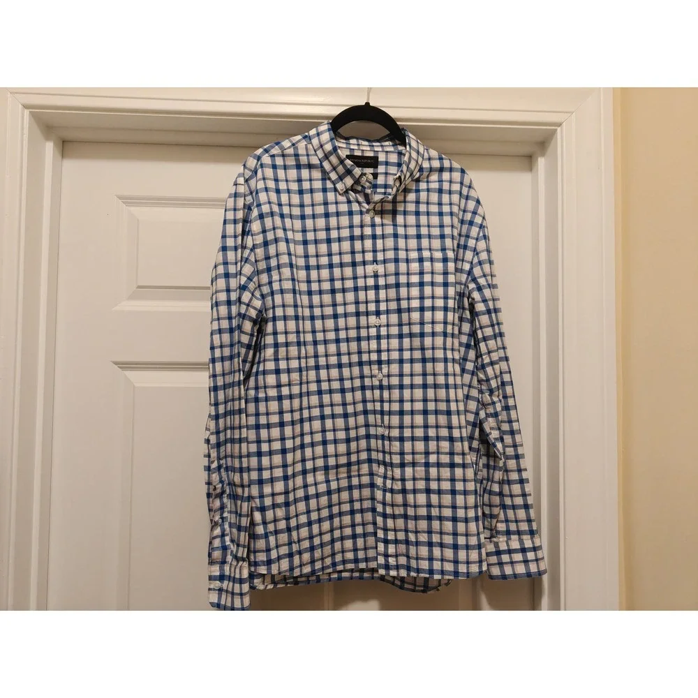 Banana Republic Mens‎ Blue White Plaid Untucked Fit Cotton Shirt Large 801165-23